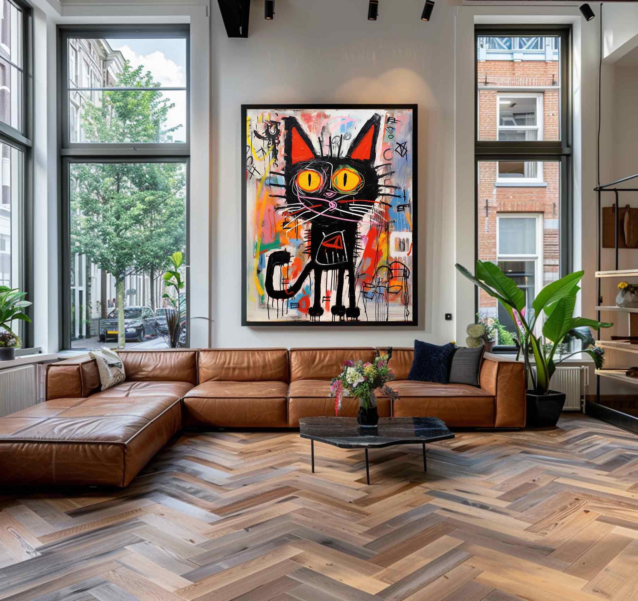 Vibrant Graffiti Art Black Cat Wall Decor - Street Art Style