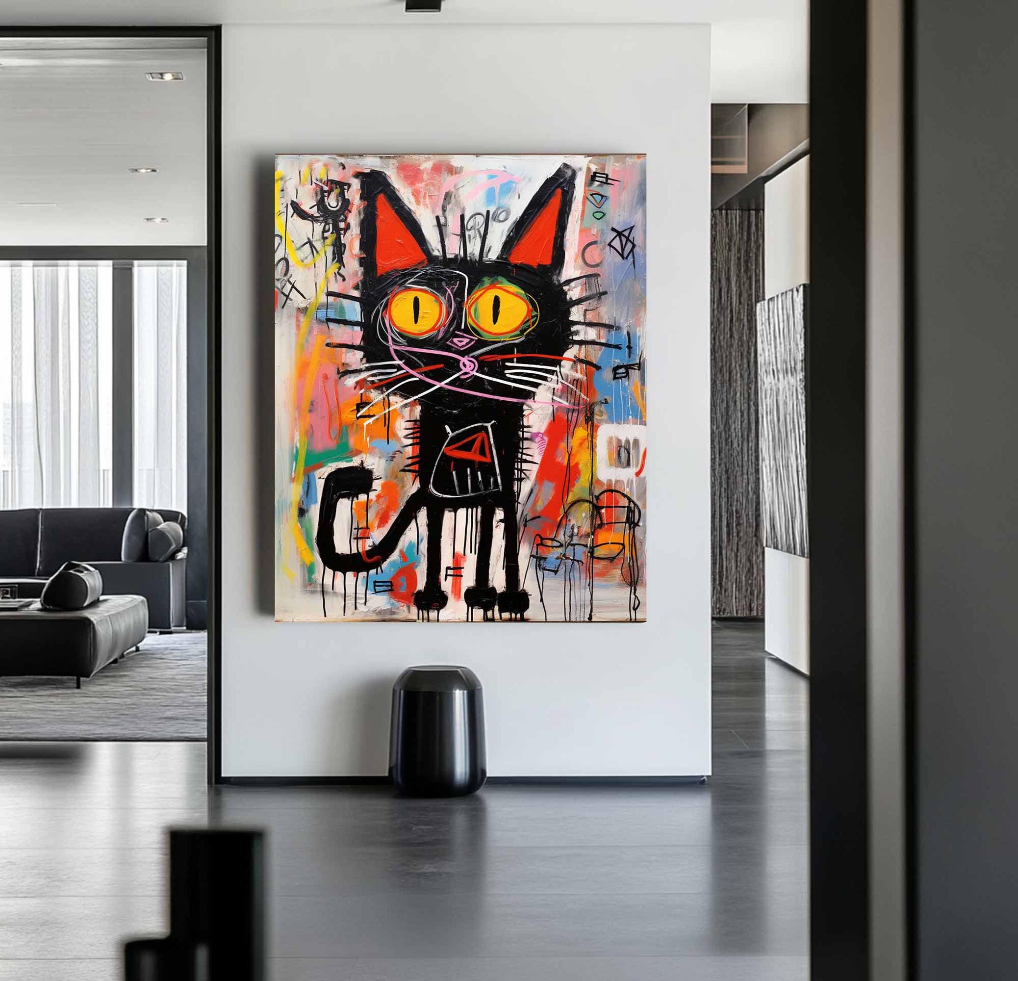 Vibrant Graffiti Art Black Cat Wall Decor - Street Art Style