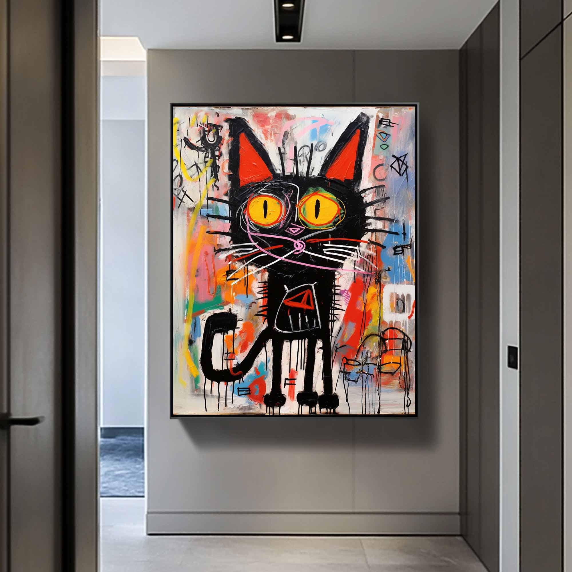 Vibrant Graffiti Art Black Cat Wall Decor - Street Art Style