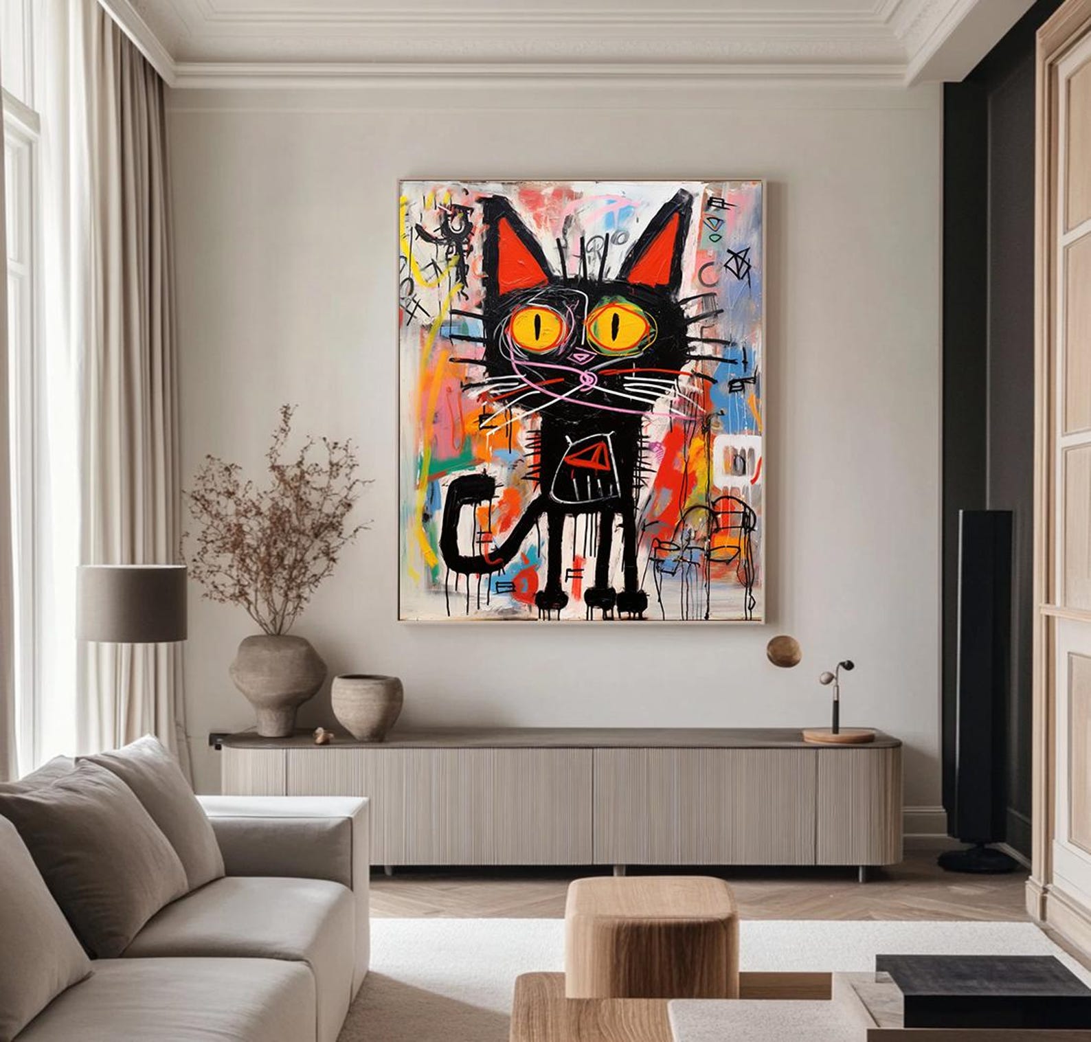 Vibrant Graffiti Art Black Cat Wall Decor - Street Art Style
