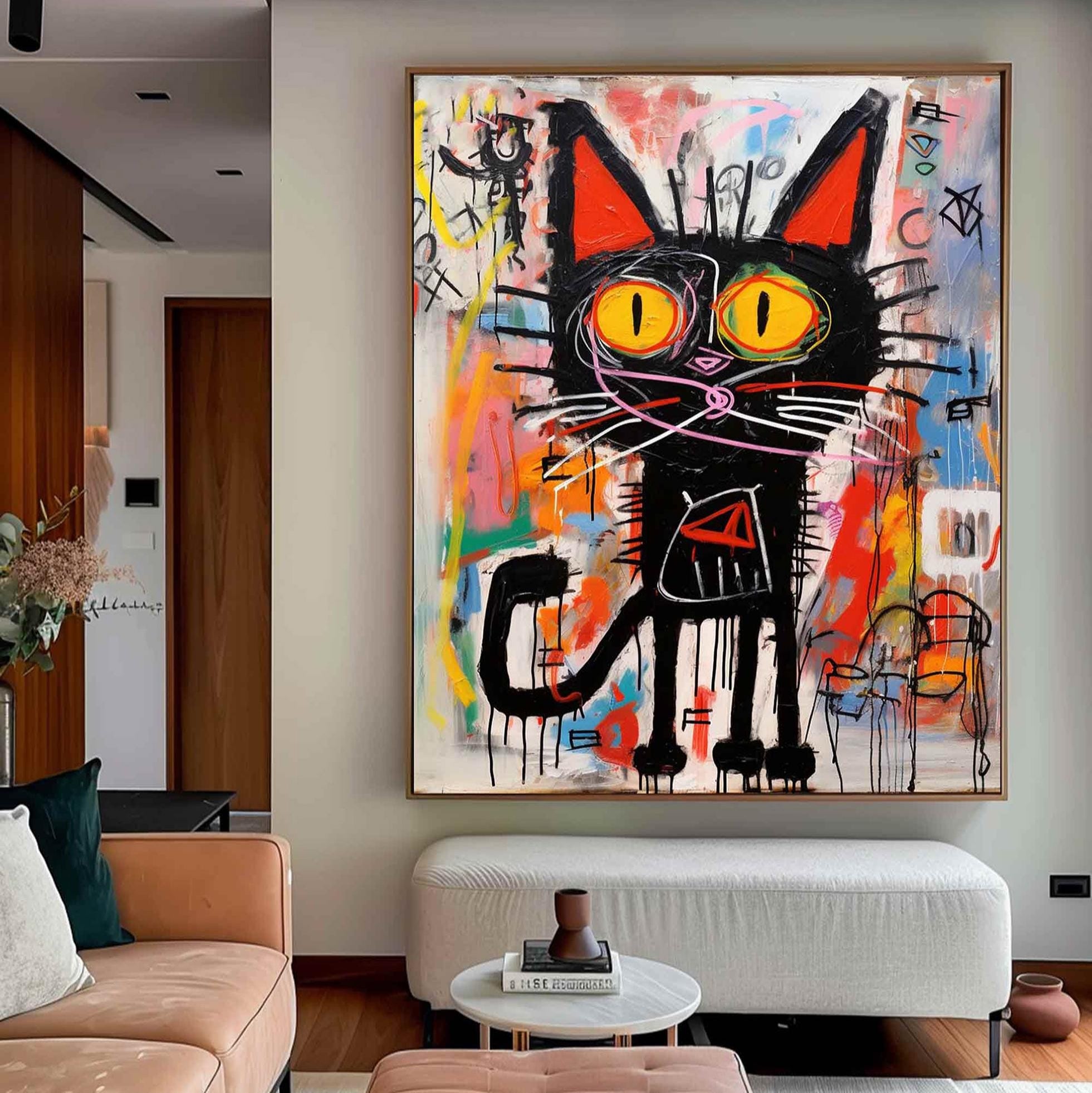 Vibrant Graffiti Art Black Cat Wall Decor - Street Art Style