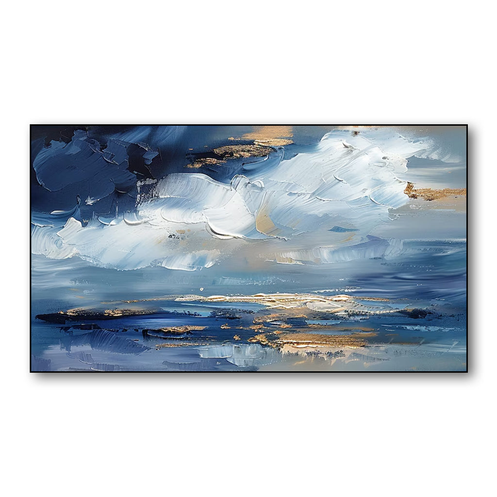 Azure Dreamscape-Textured Blue & Gold Abstract Ocean Painting