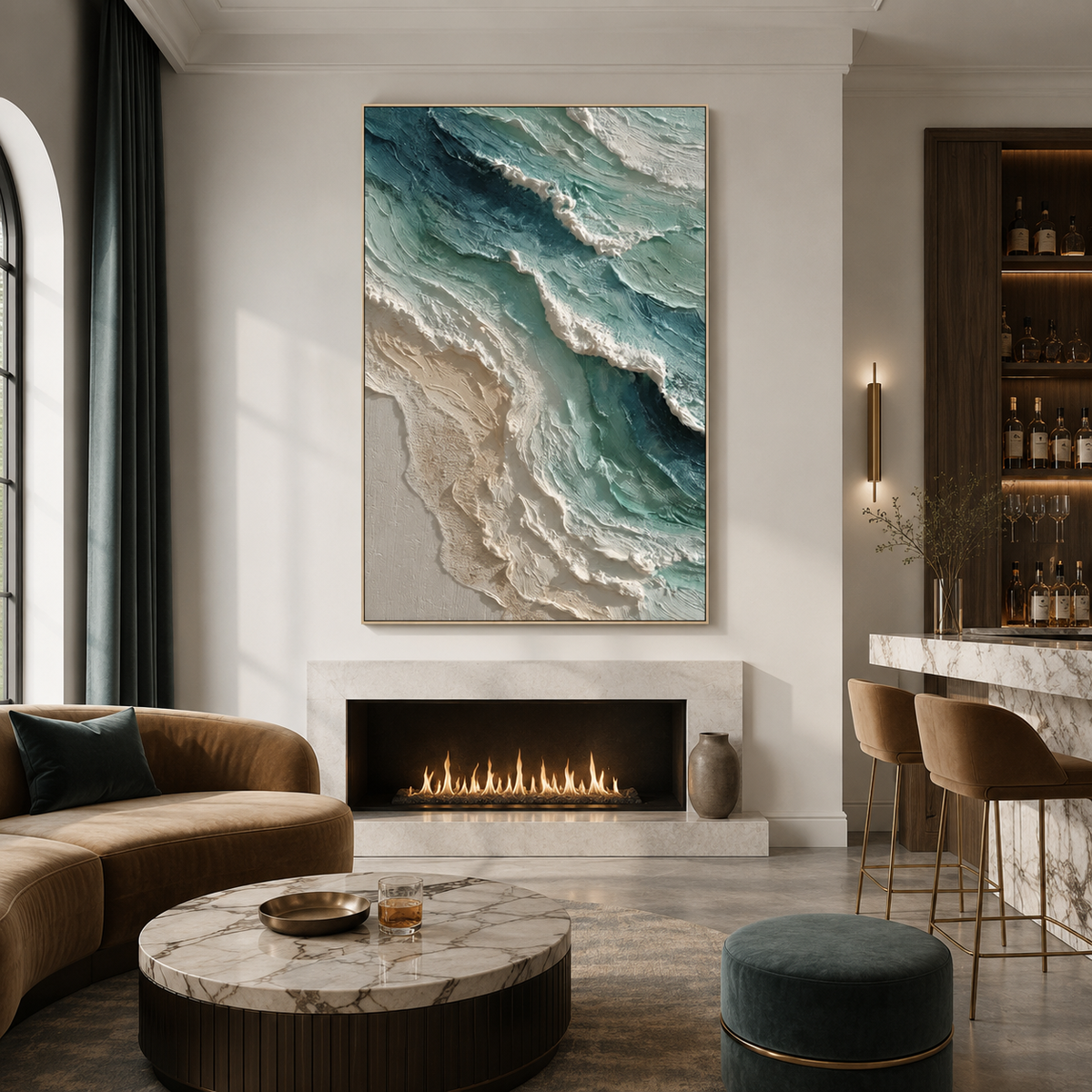 3D textured oil painting featuring ocean wave patterns