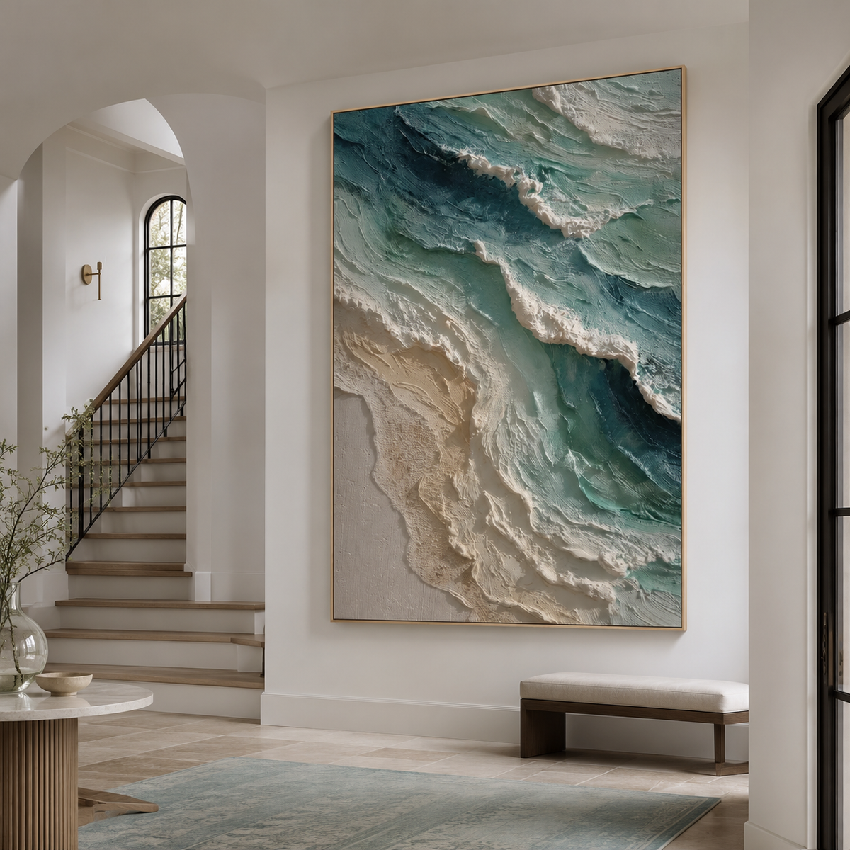 Large textured ocean inspired painting with white and turquoise tones