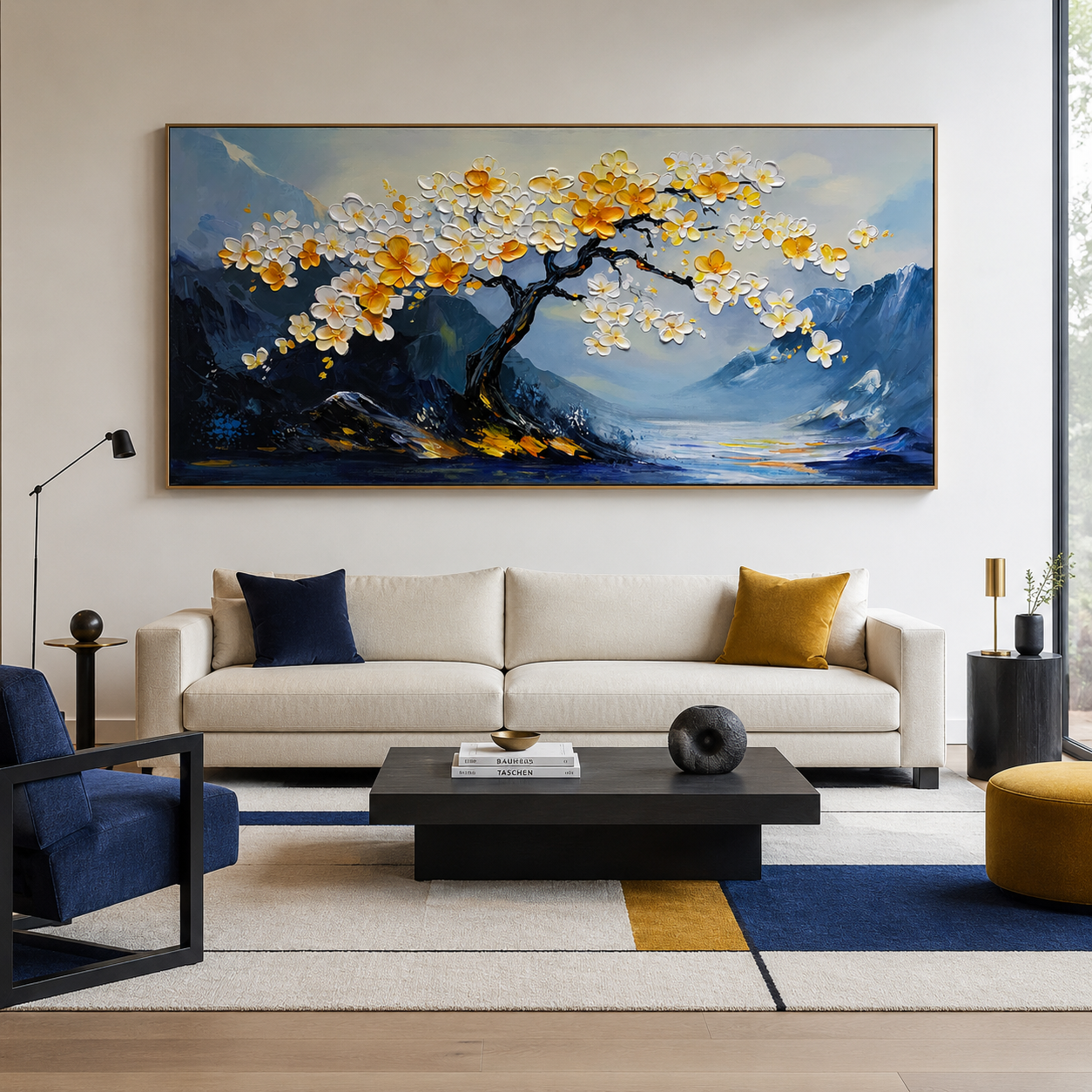 Ethereal Blossoms-Relief Texture Blooming Tree Oil Painting with Mountain Landscape | Modern Home Decor Wall Art
