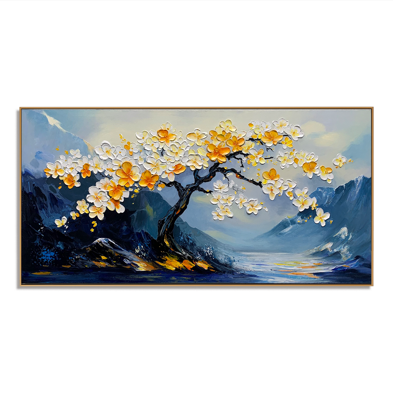 Ethereal Blossoms-Relief Texture Blooming Tree Oil Painting with Mountain Landscape | Modern Home Decor Wall Art