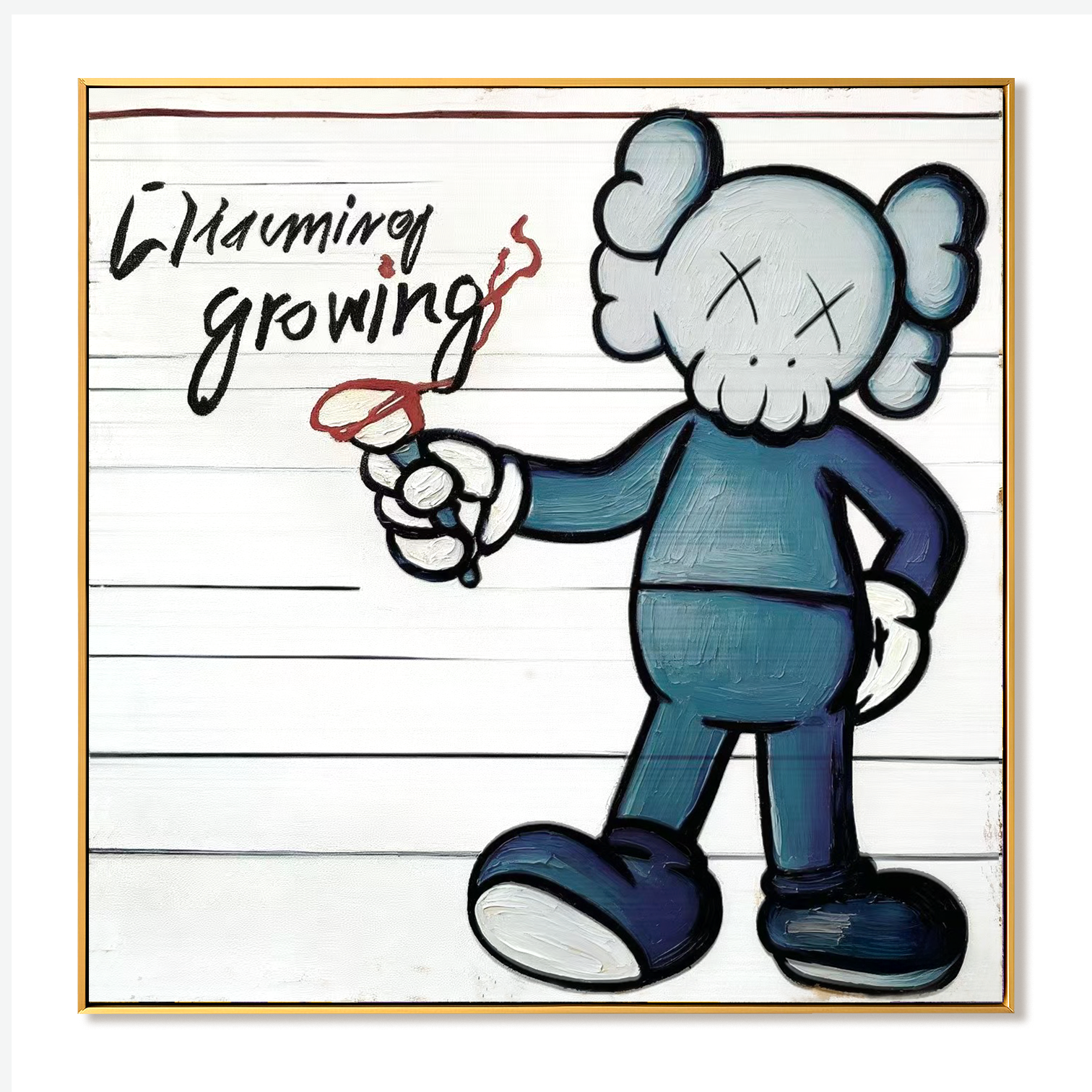 Playful cartoon character painting holding a pen with handwritten text charming growing
