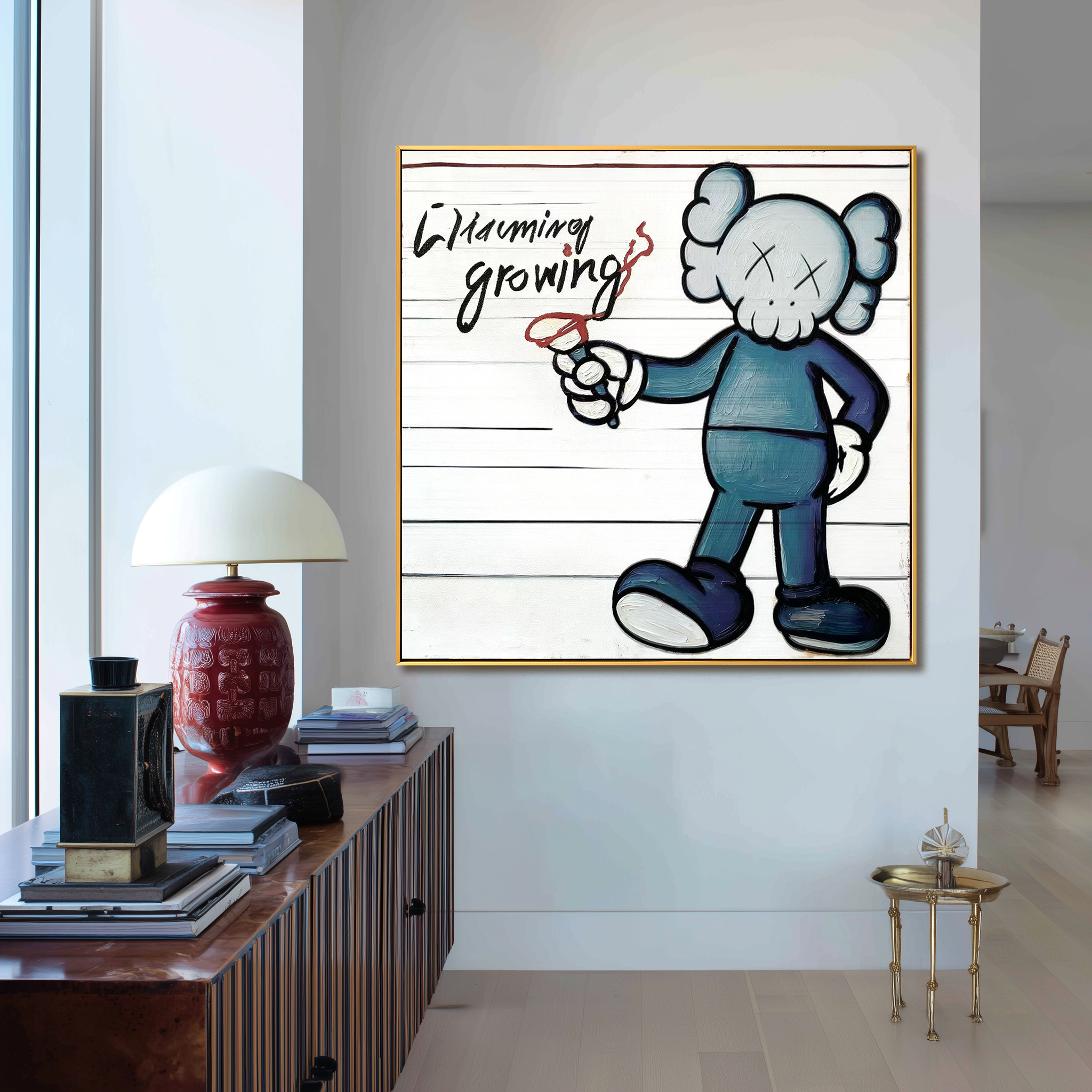 Playful cartoon character painting holding a pen with handwritten text charming growing