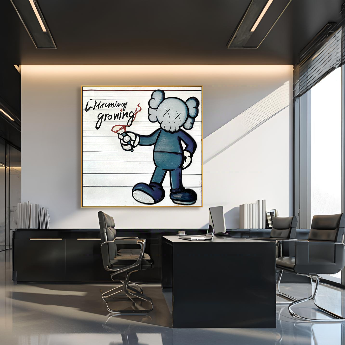 Playful cartoon character painting holding a pen with handwritten text charming growing