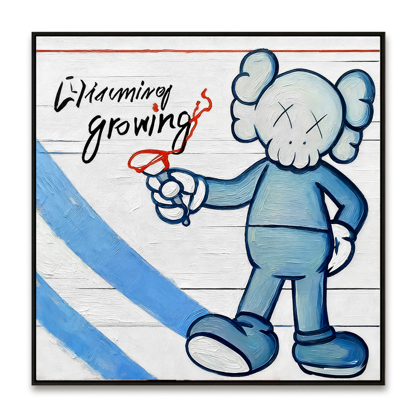 Playful character painting with cartoon figure holding a pen and charming growing text