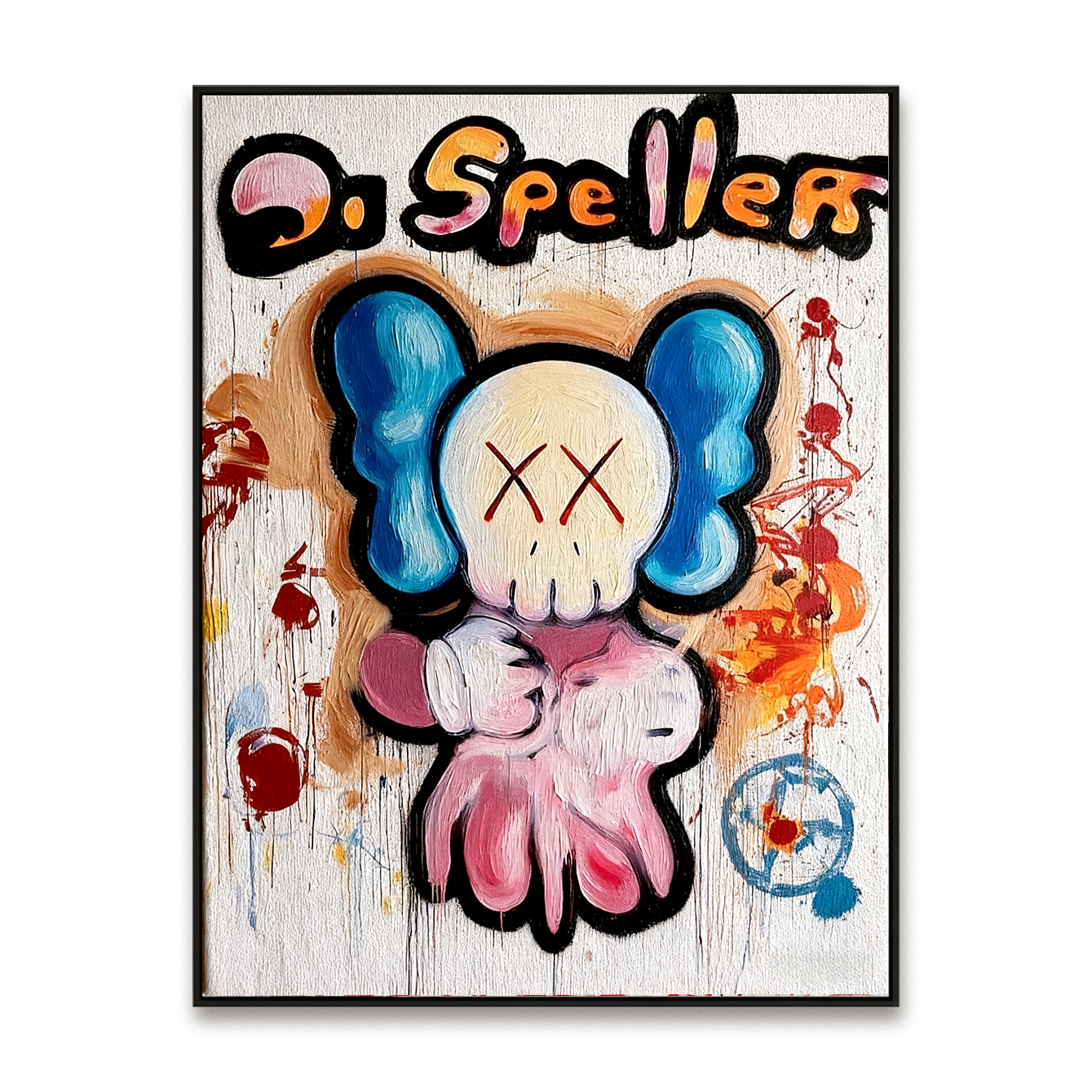 Graffiti style cartoon character painting with colorful paint splashes