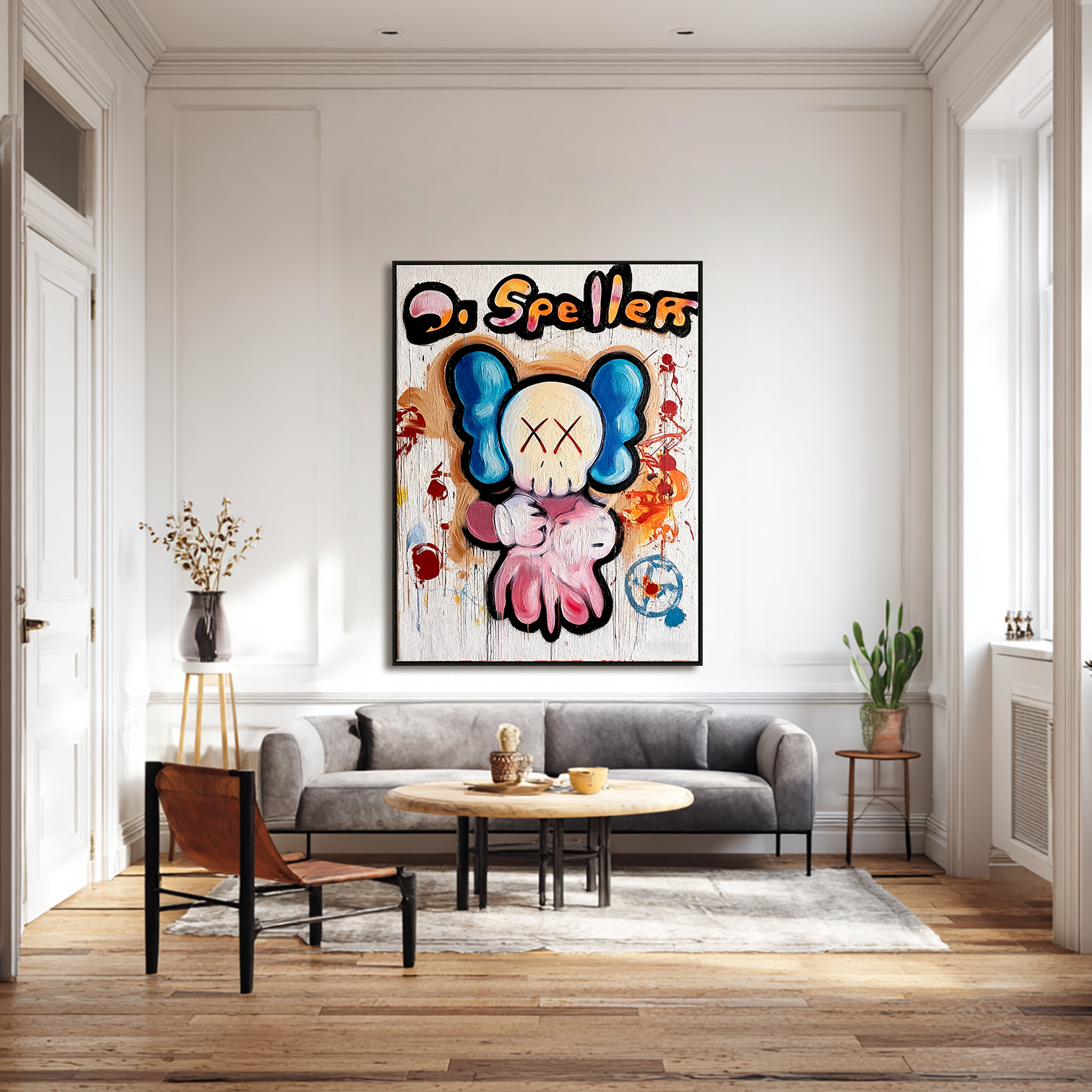 Graffiti style cartoon character painting with colorful paint splashes