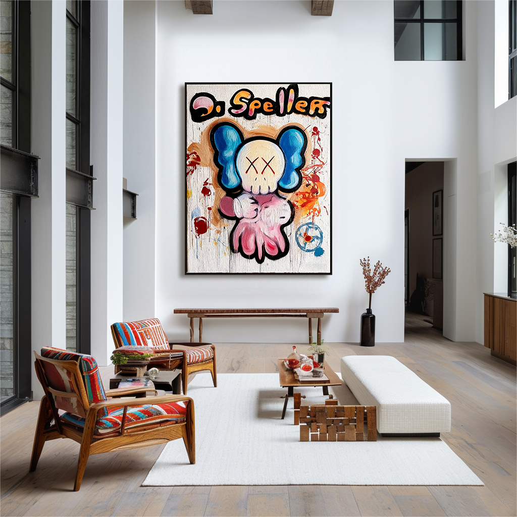 Graffiti style cartoon character painting with colorful paint splashes