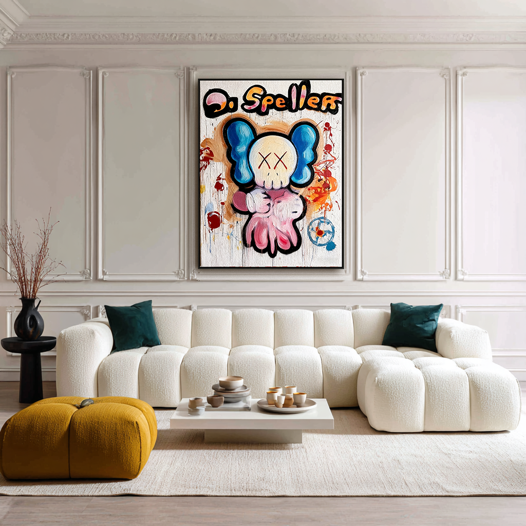 Graffiti style cartoon character painting with colorful paint splashes