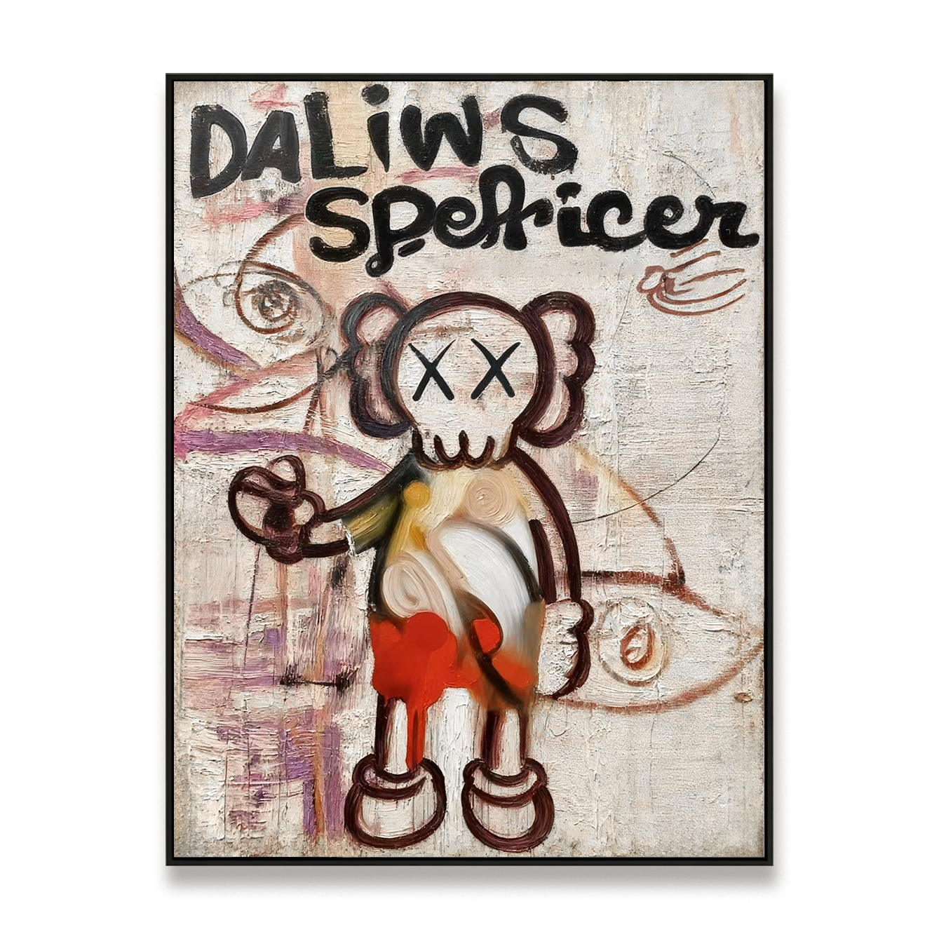 Playful character painting with crossed eyes and expressive abstract background