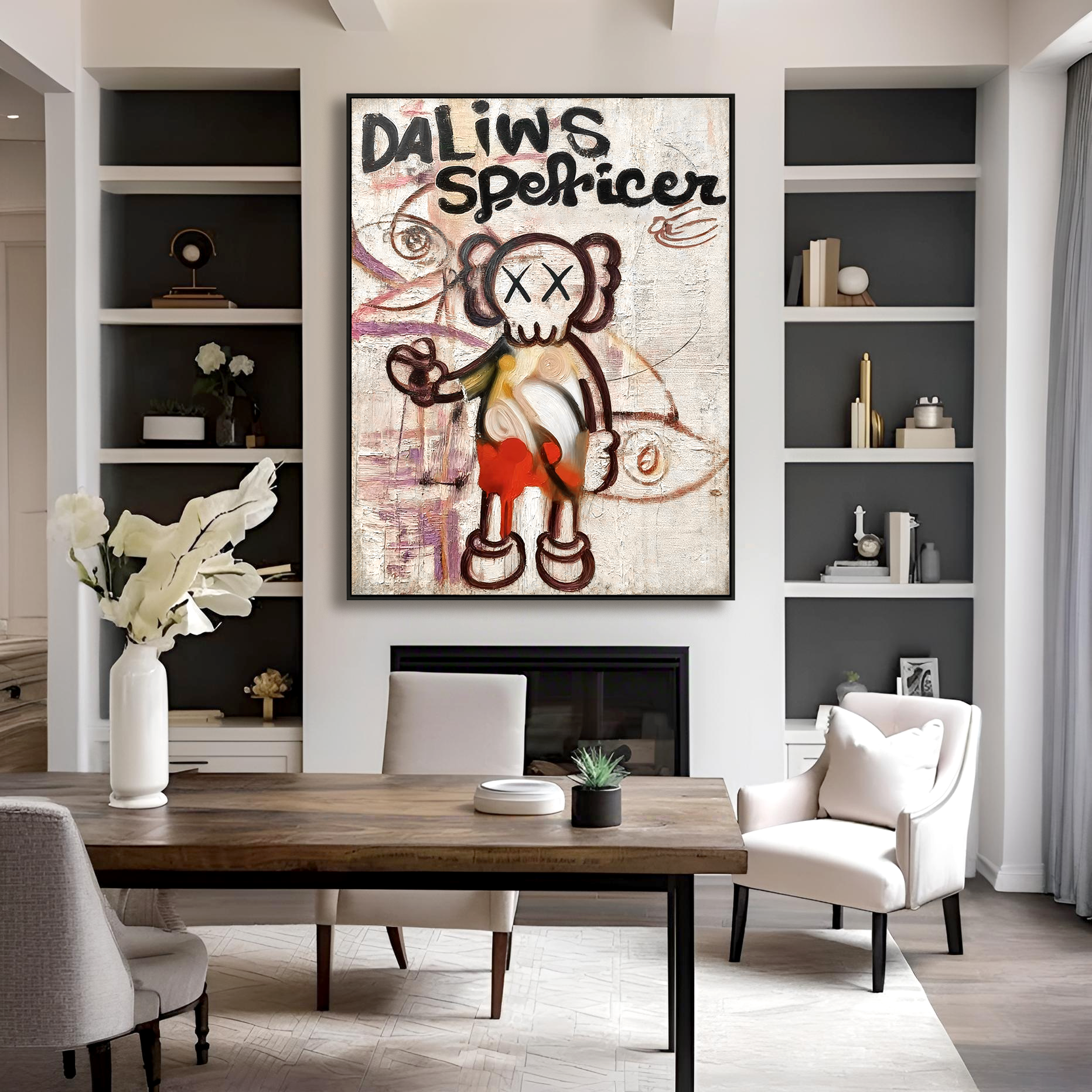 Playful character painting with crossed eyes and expressive abstract background