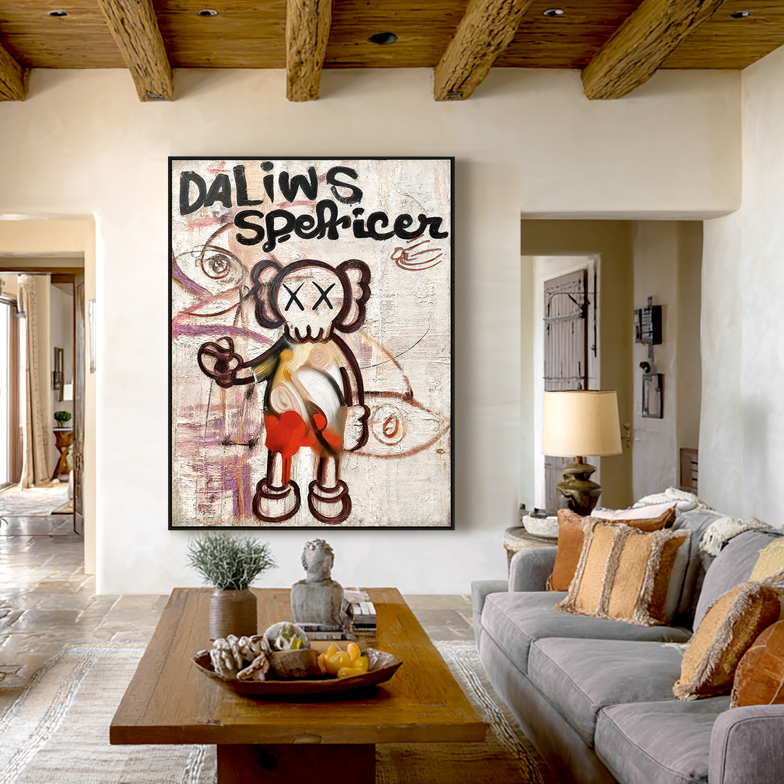 Playful character painting with crossed eyes and expressive abstract background