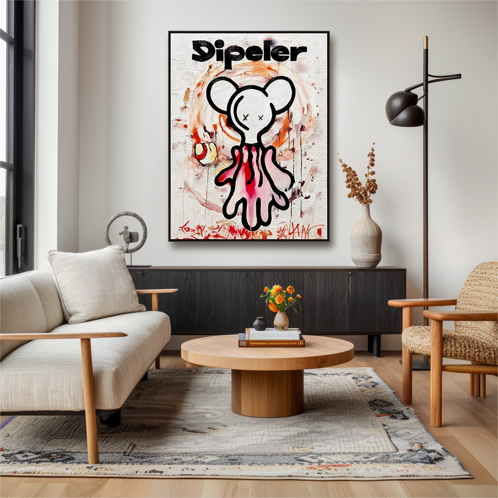 Playful character painting with crossed eyes and expressive paint splashes