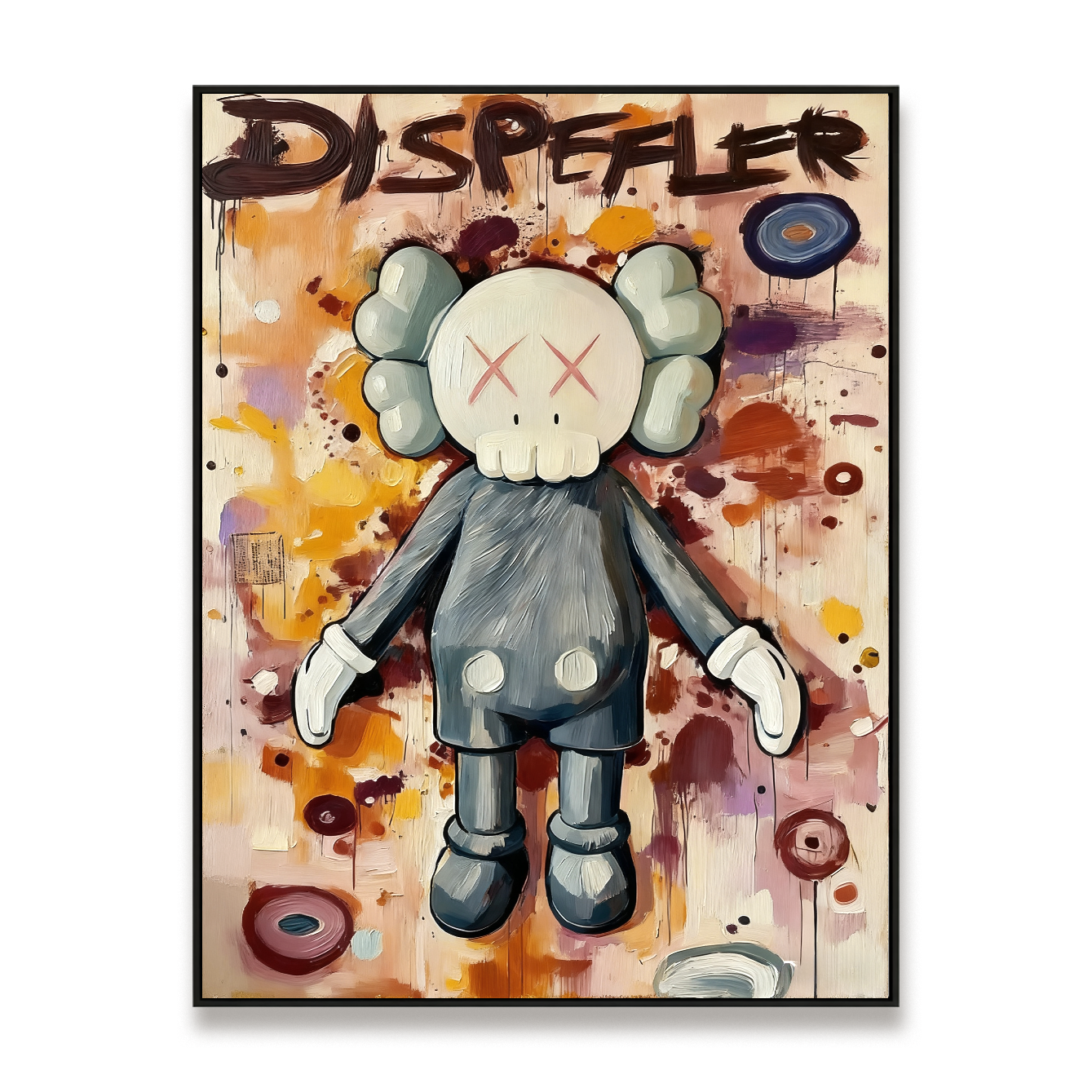 Playful cartoon character painting with crossed eyes and colorful abstract background