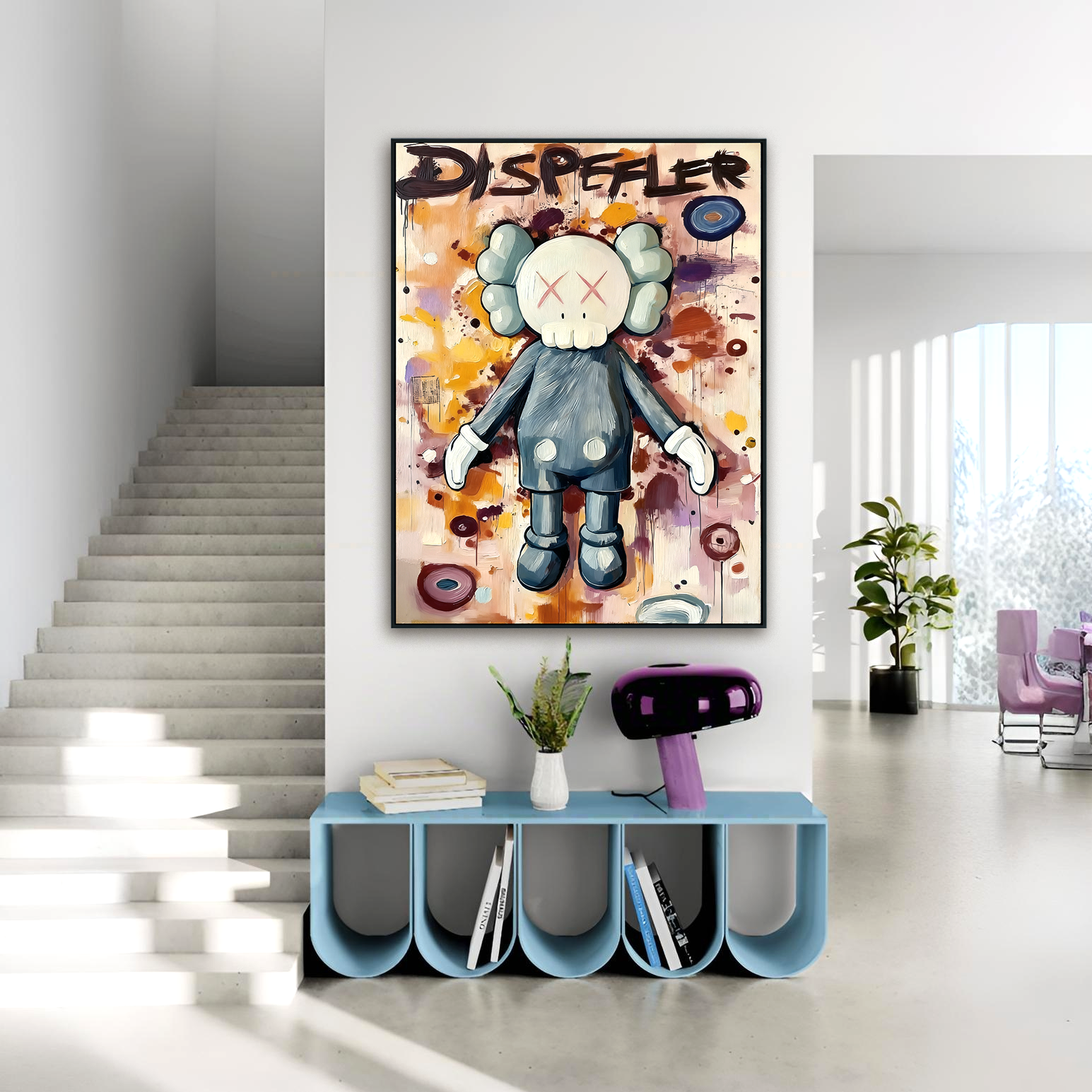 Playful cartoon character painting with crossed eyes and colorful abstract background