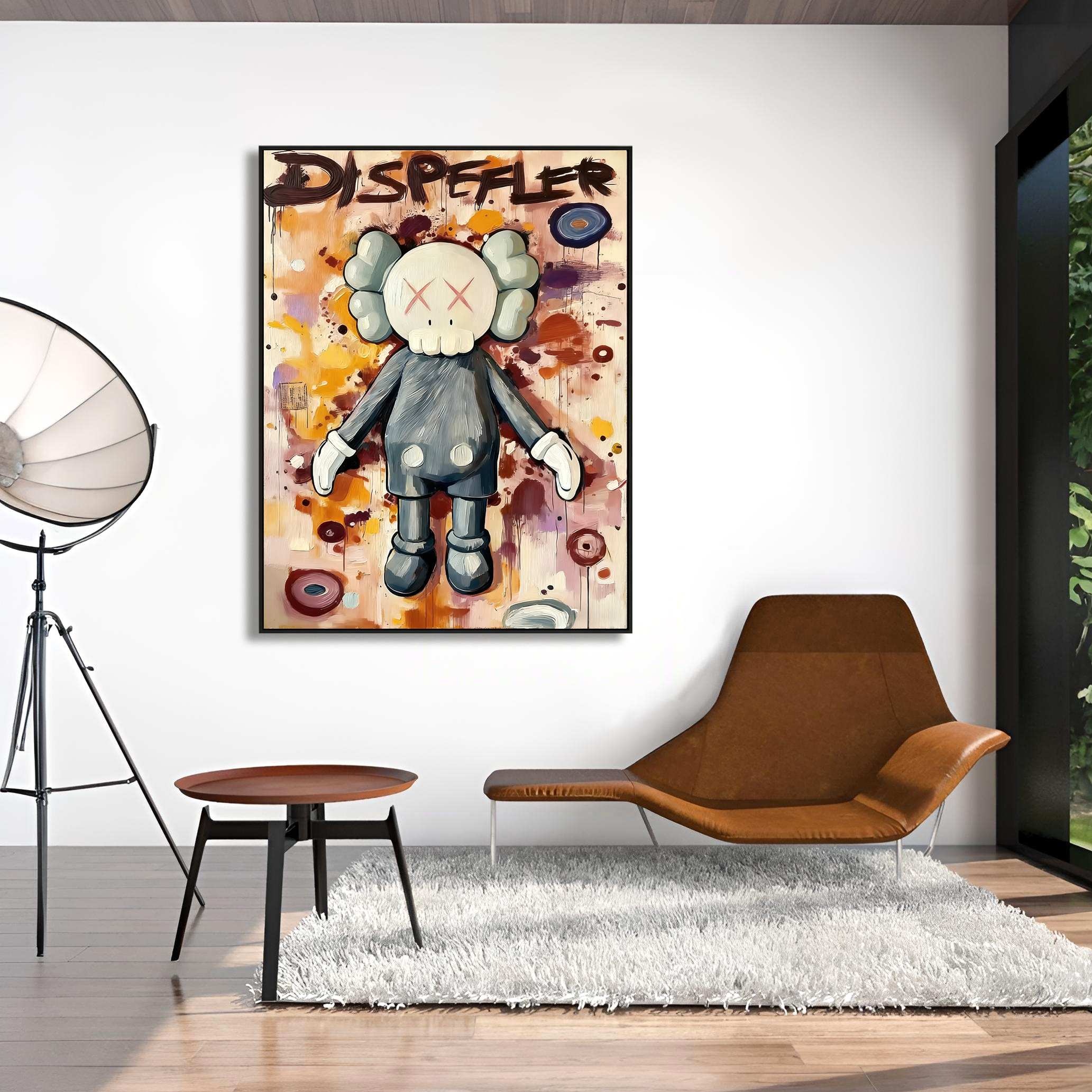 Playful cartoon character painting with crossed eyes and colorful abstract background