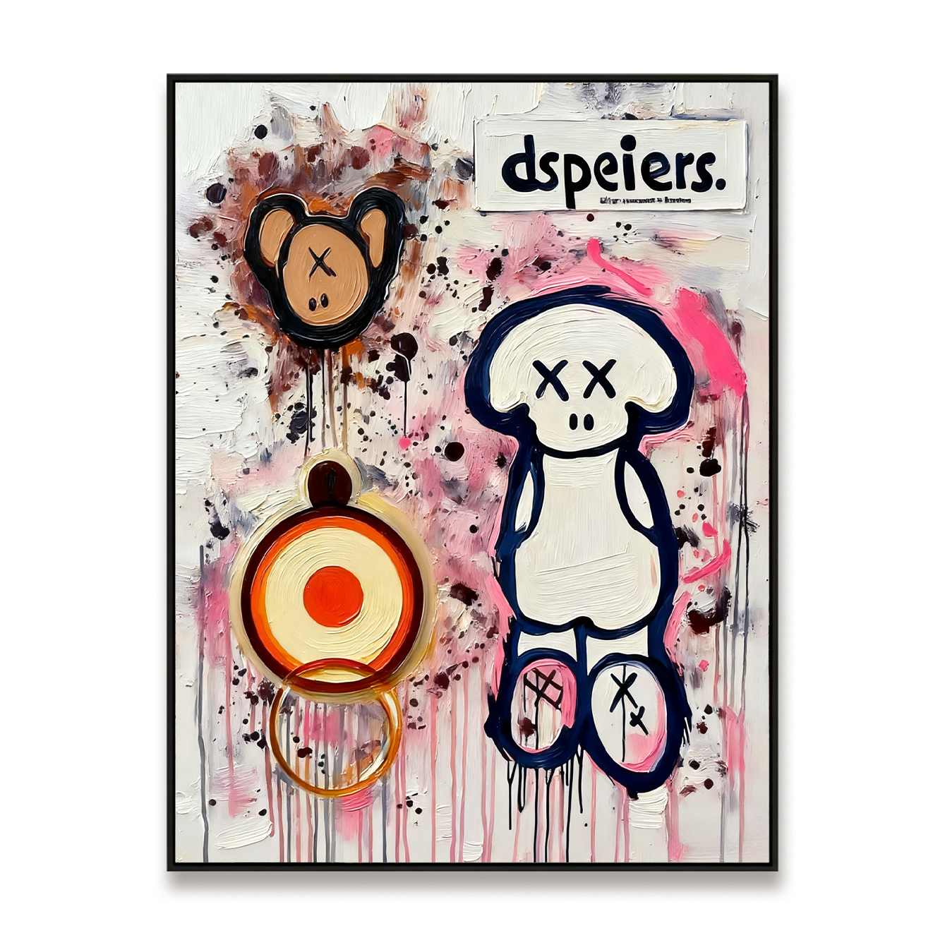 Playful character artwork with abstract symbols and colorful paint splashes