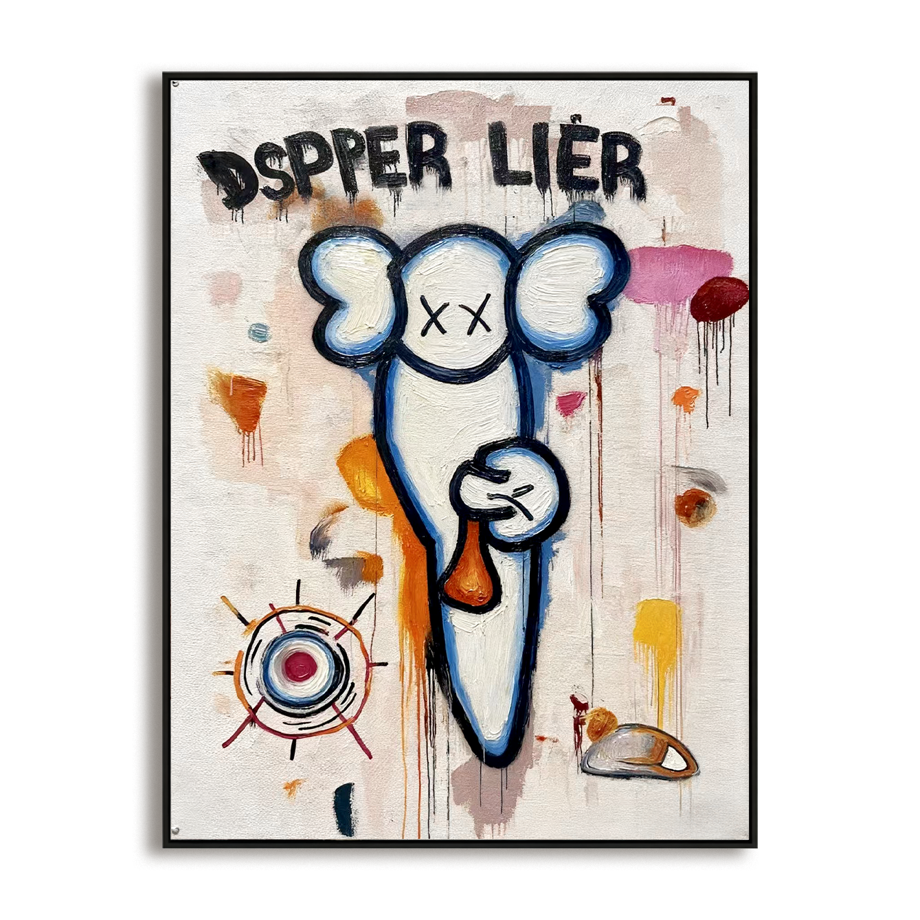 Playful character painting with crossed eyes and colorful street art background