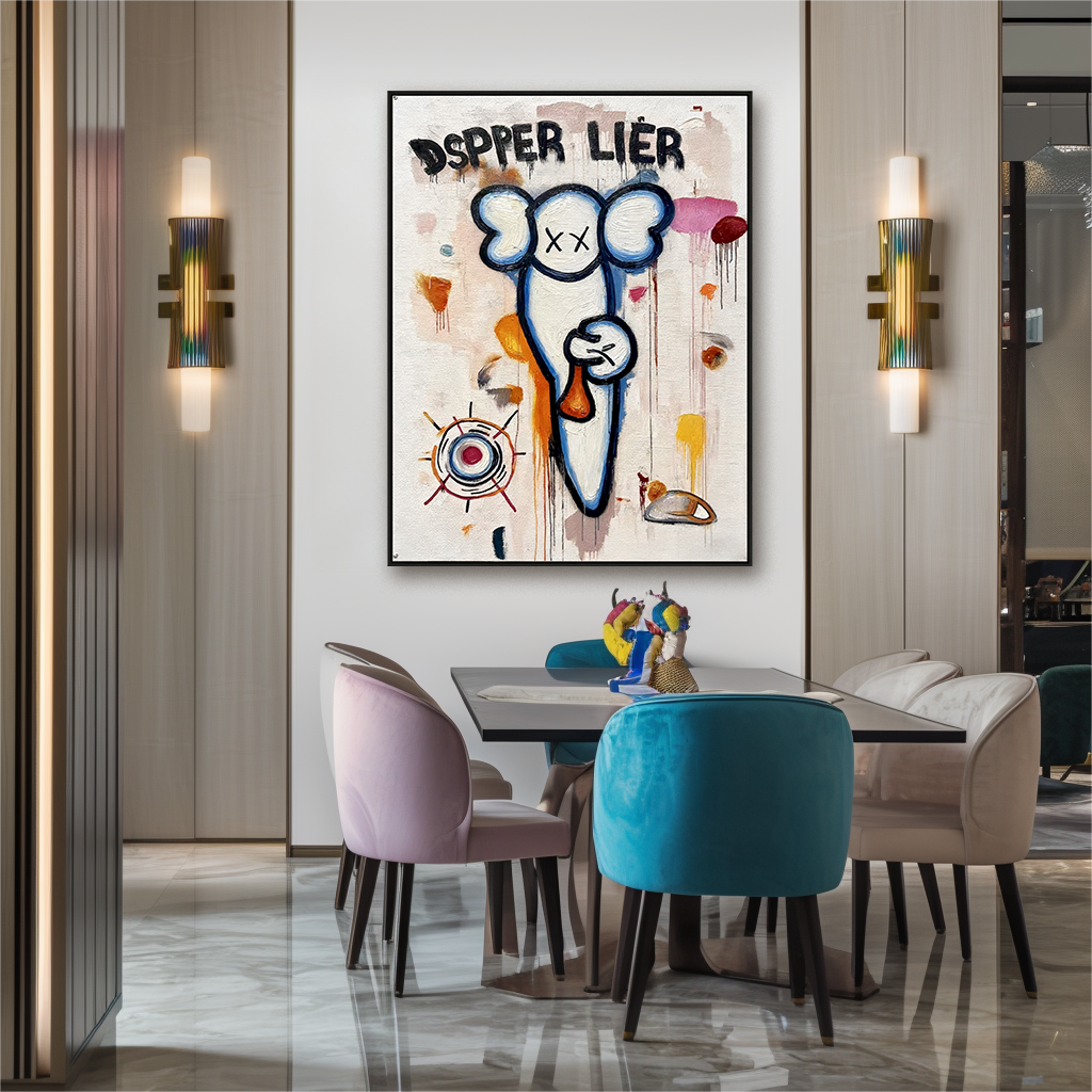 Playful character painting with crossed eyes and colorful street art background