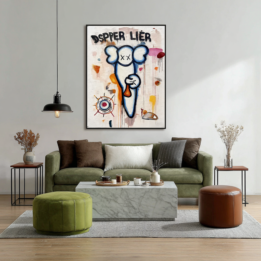 Playful character painting with crossed eyes and colorful street art background