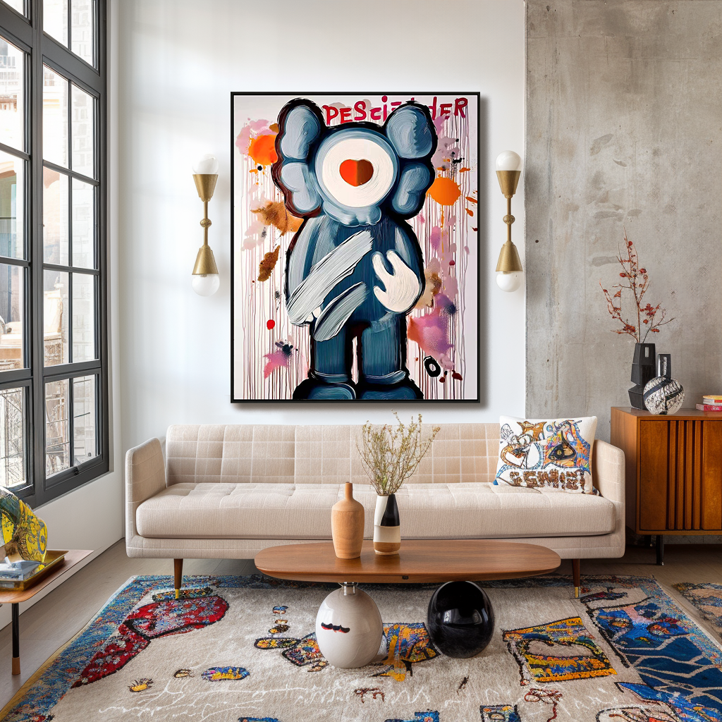 Playful character painting with heart detail and colorful paint splashes