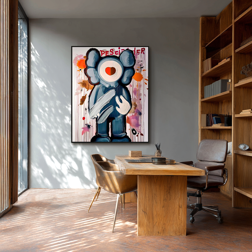 Playful character painting with heart detail and colorful paint splashes