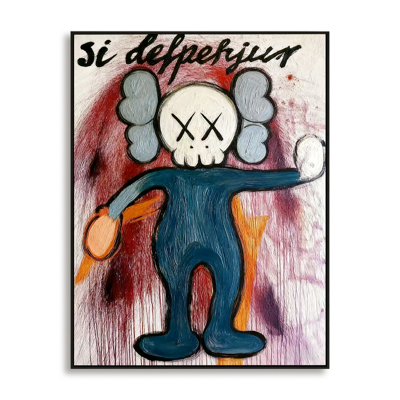 Playful character painting with crossed eyes, outstretched arms, and expressive paint drips