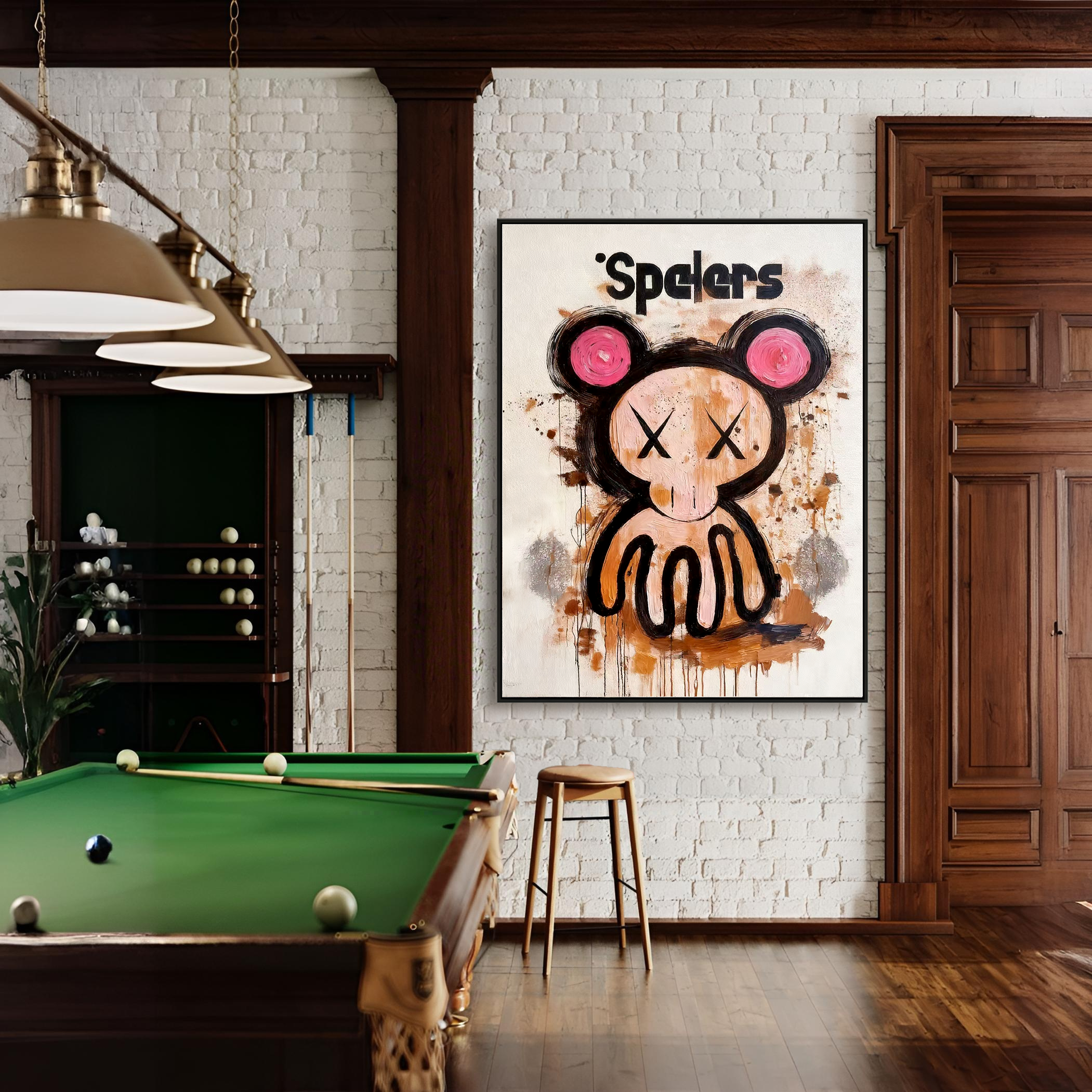 Playful cartoon character painting with crossed eyes and abstract paint splashes