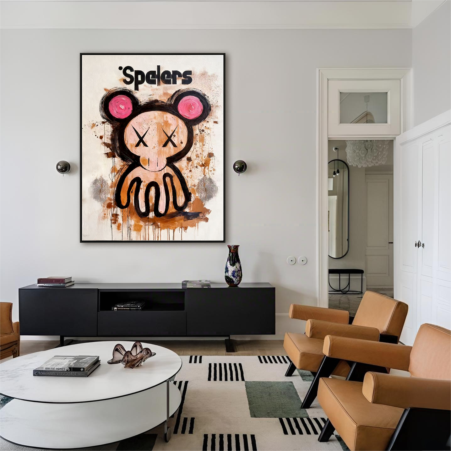 Playful cartoon character painting with crossed eyes and abstract paint splashes