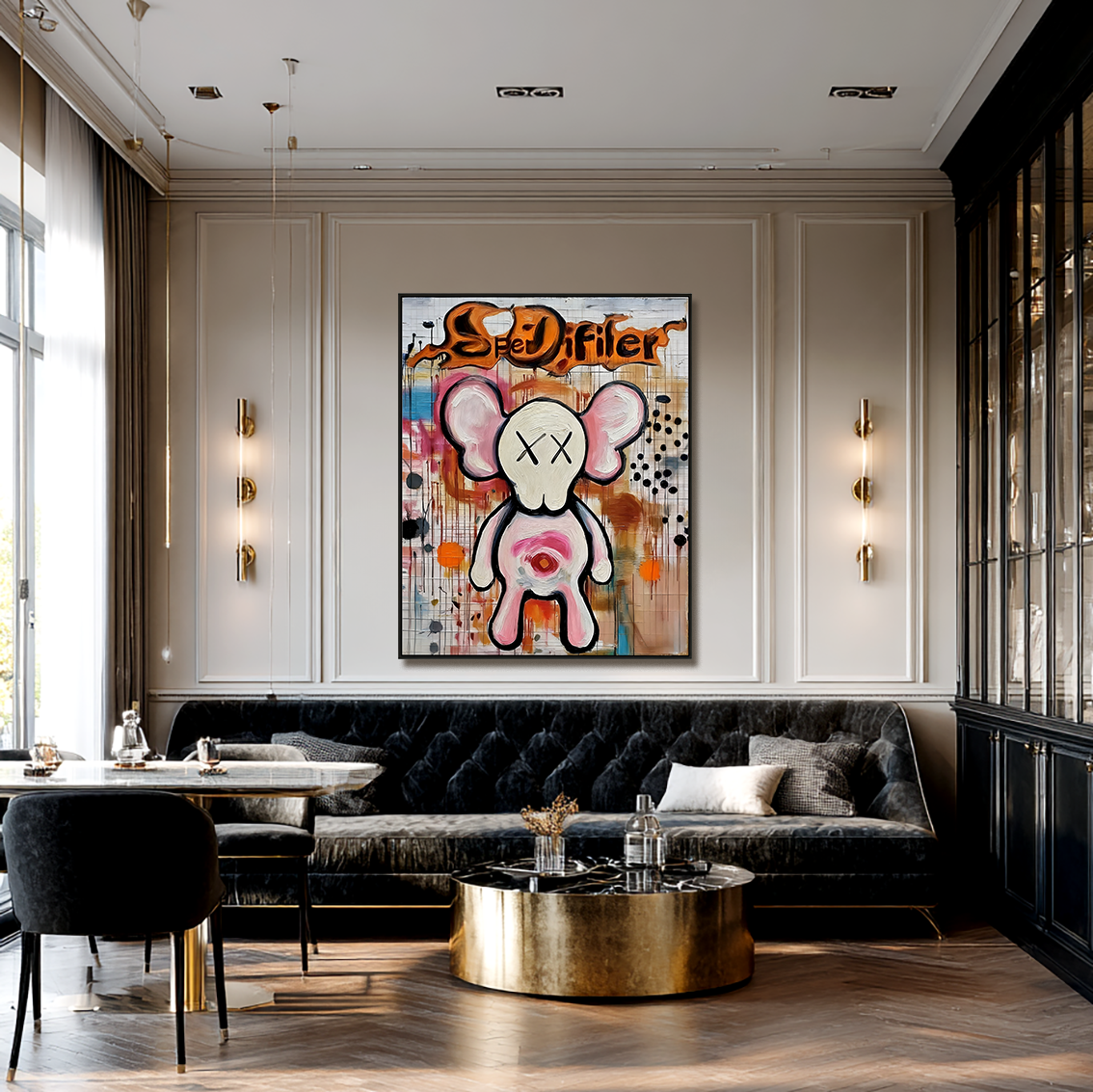 Playful cartoon character painting with crossed eyes and colorful abstract background