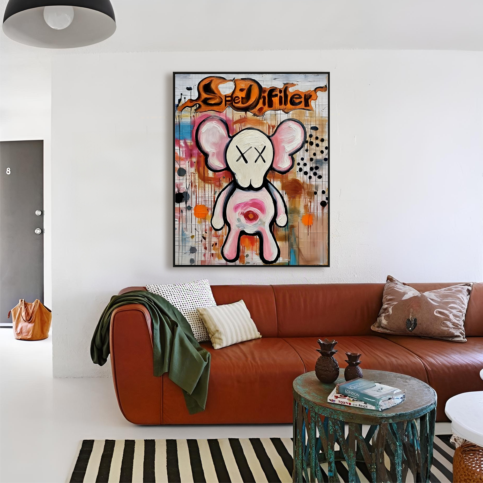 Playful cartoon character painting with crossed eyes and colorful abstract background