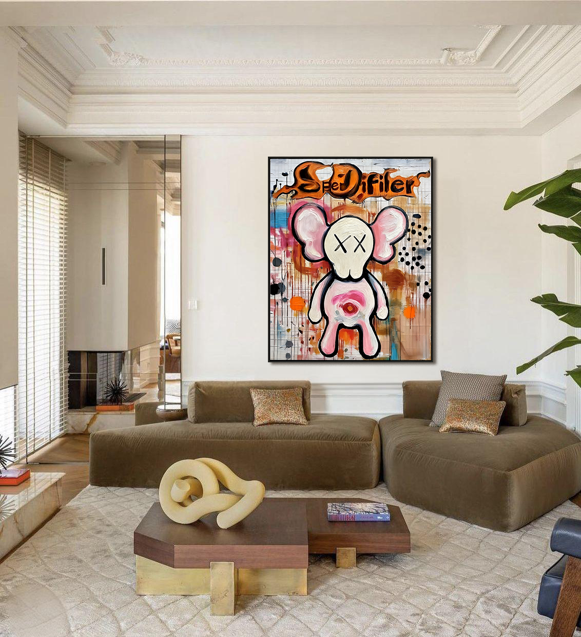 Playful cartoon character painting with crossed eyes and colorful abstract background