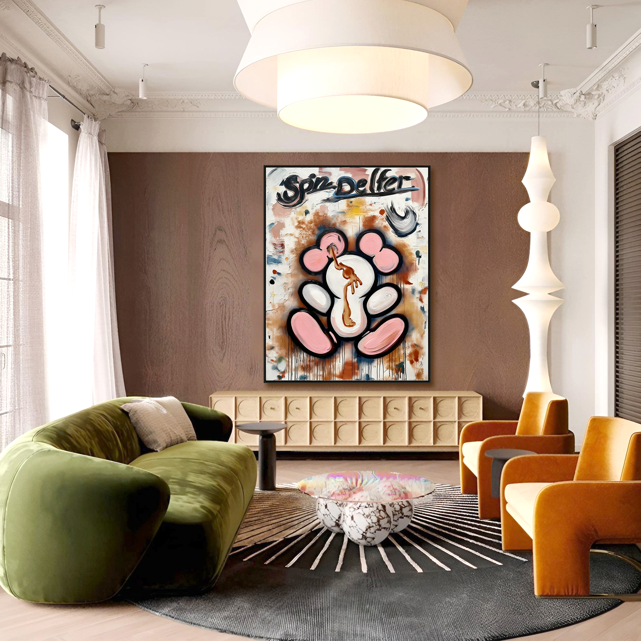 Playful cartoon character painting with expressive brushstrokes and paint drips