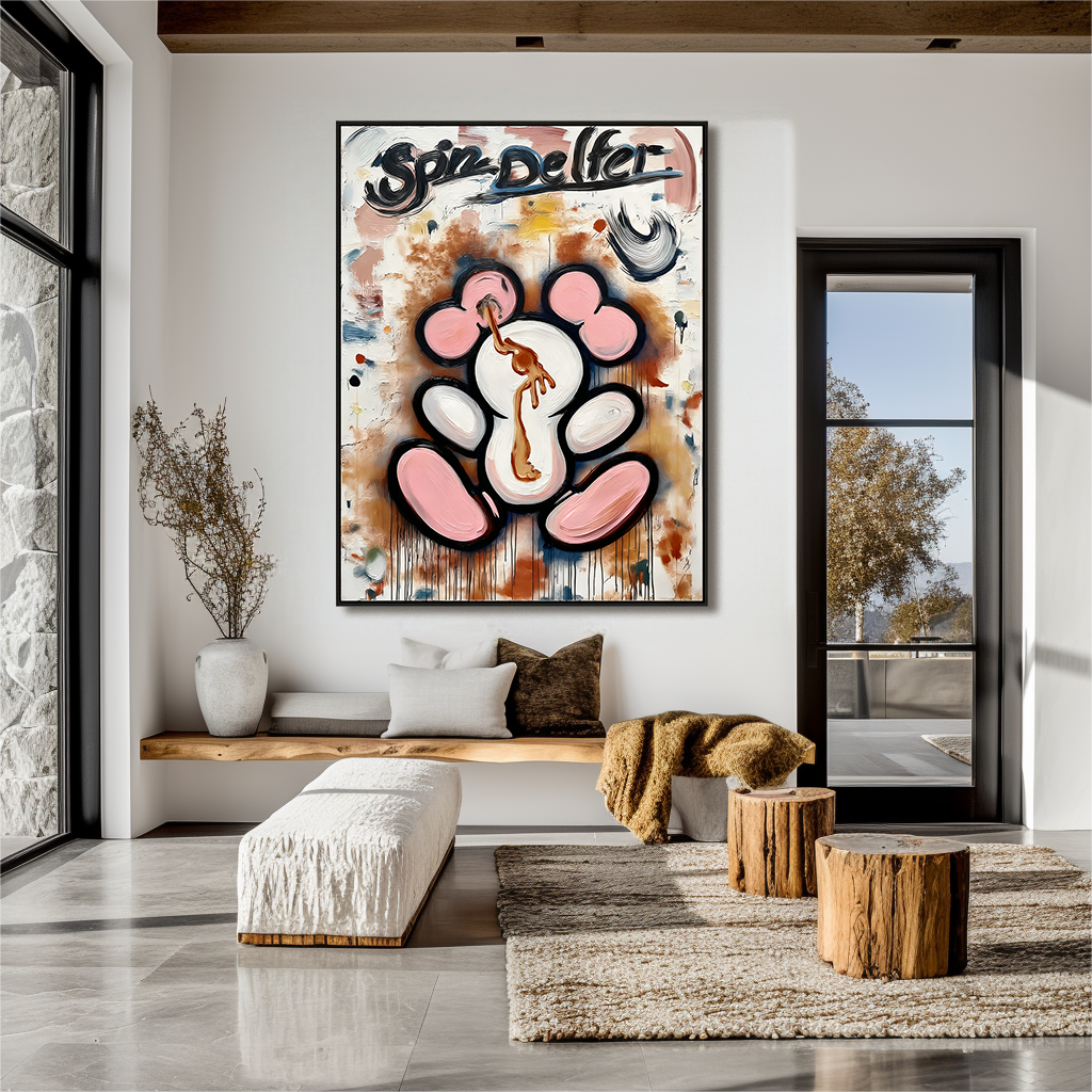 Playful cartoon character painting with expressive brushstrokes and paint drips