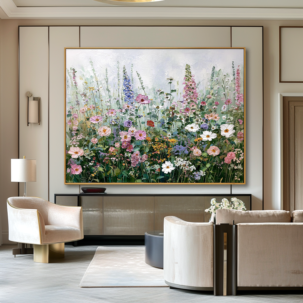 Wildflower Dream – Textured Oil Painting, Soft Pink and Purple Floral Wall Art, Hand-painted Garden Flowers for Living Room, Home Decor