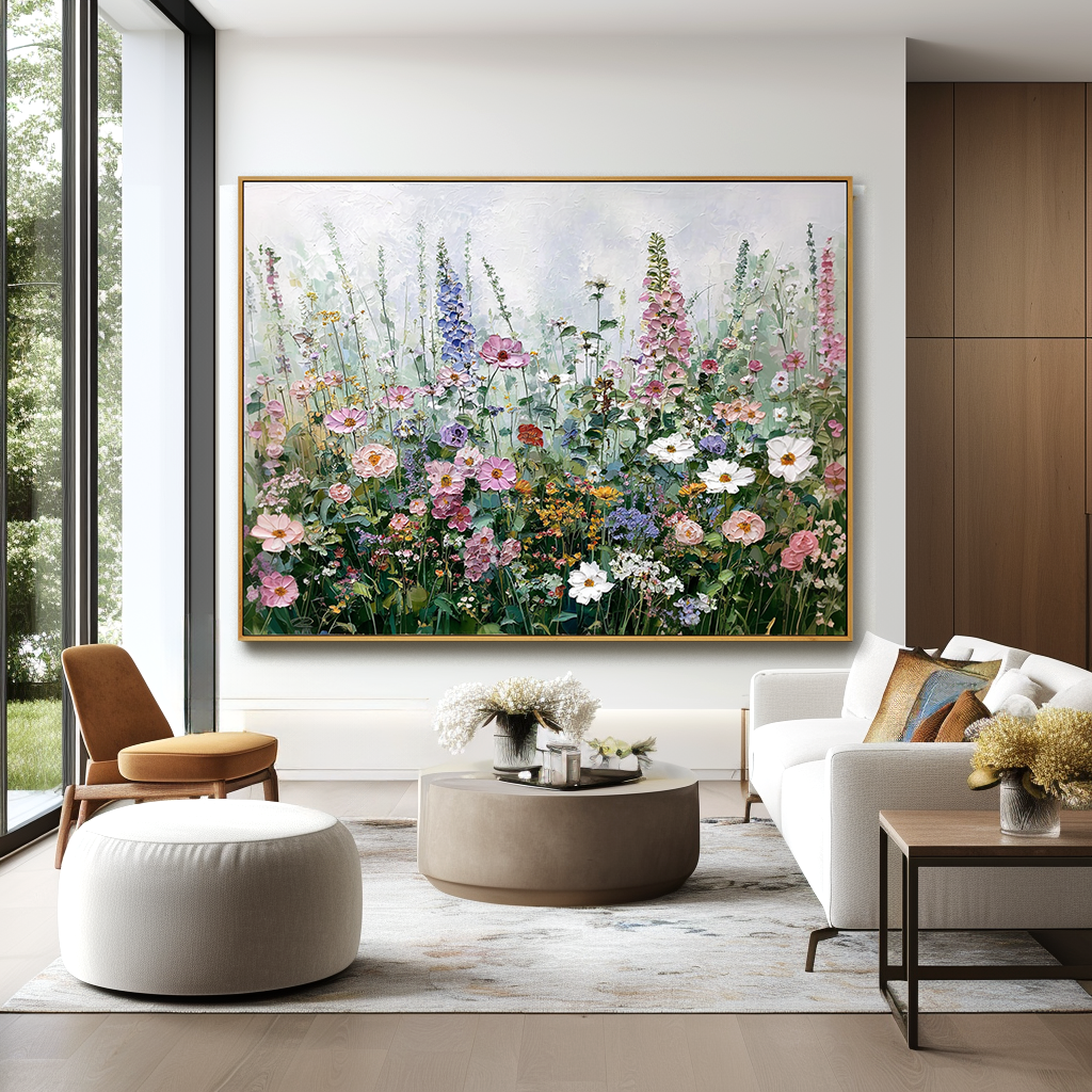 Wildflower Dream – Textured Oil Painting, Soft Pink and Purple Floral Wall Art, Hand-painted Garden Flowers for Living Room, Home Decor