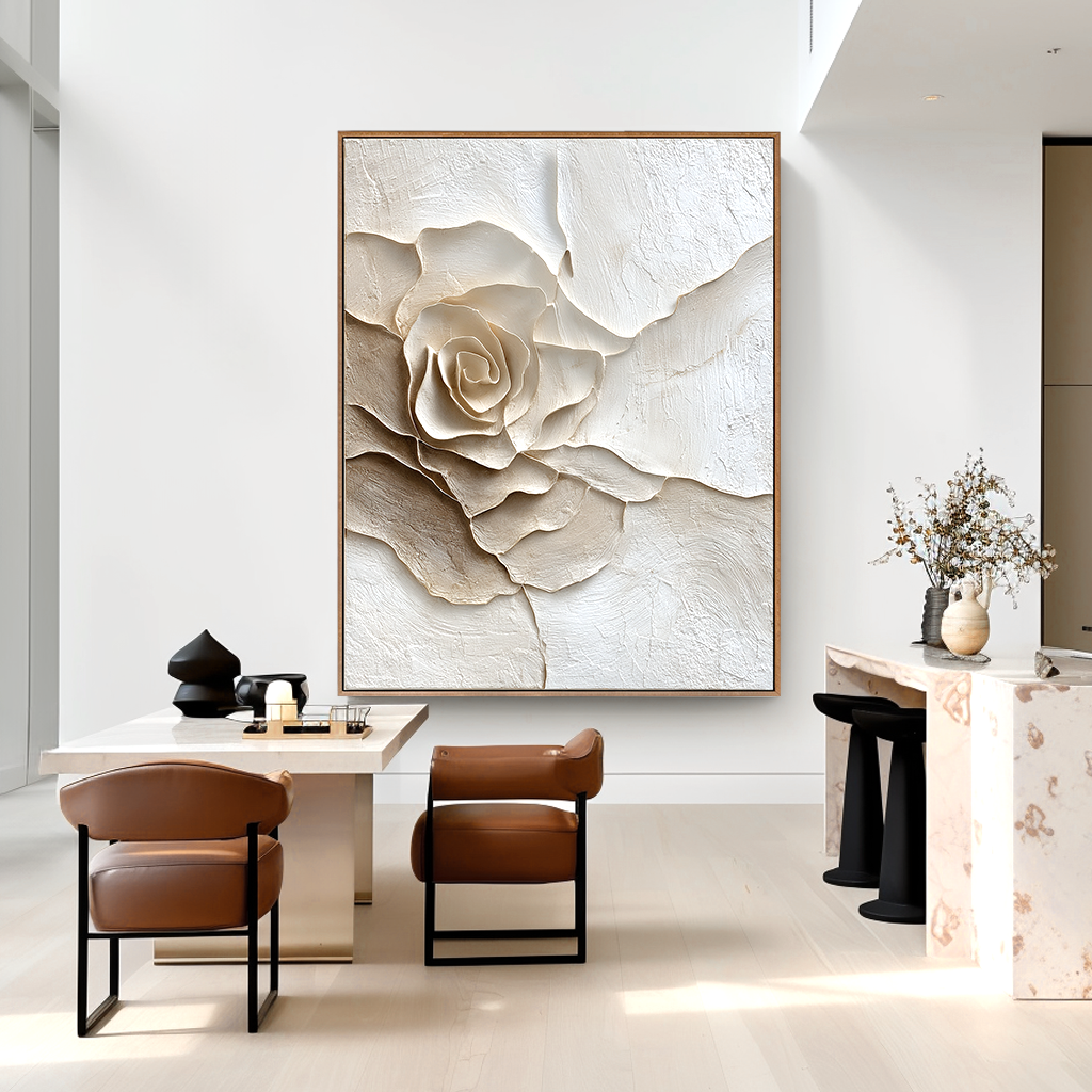Cream Petal – Textured Rose Wall Art, Hand-Painted Neutral Floral Canvas for Modern Home Decor