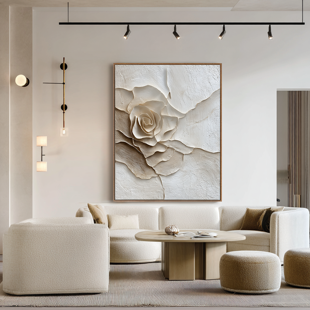 Cream Petal – Textured Rose Wall Art, Hand-Painted Neutral Floral Canvas for Modern Home Decor