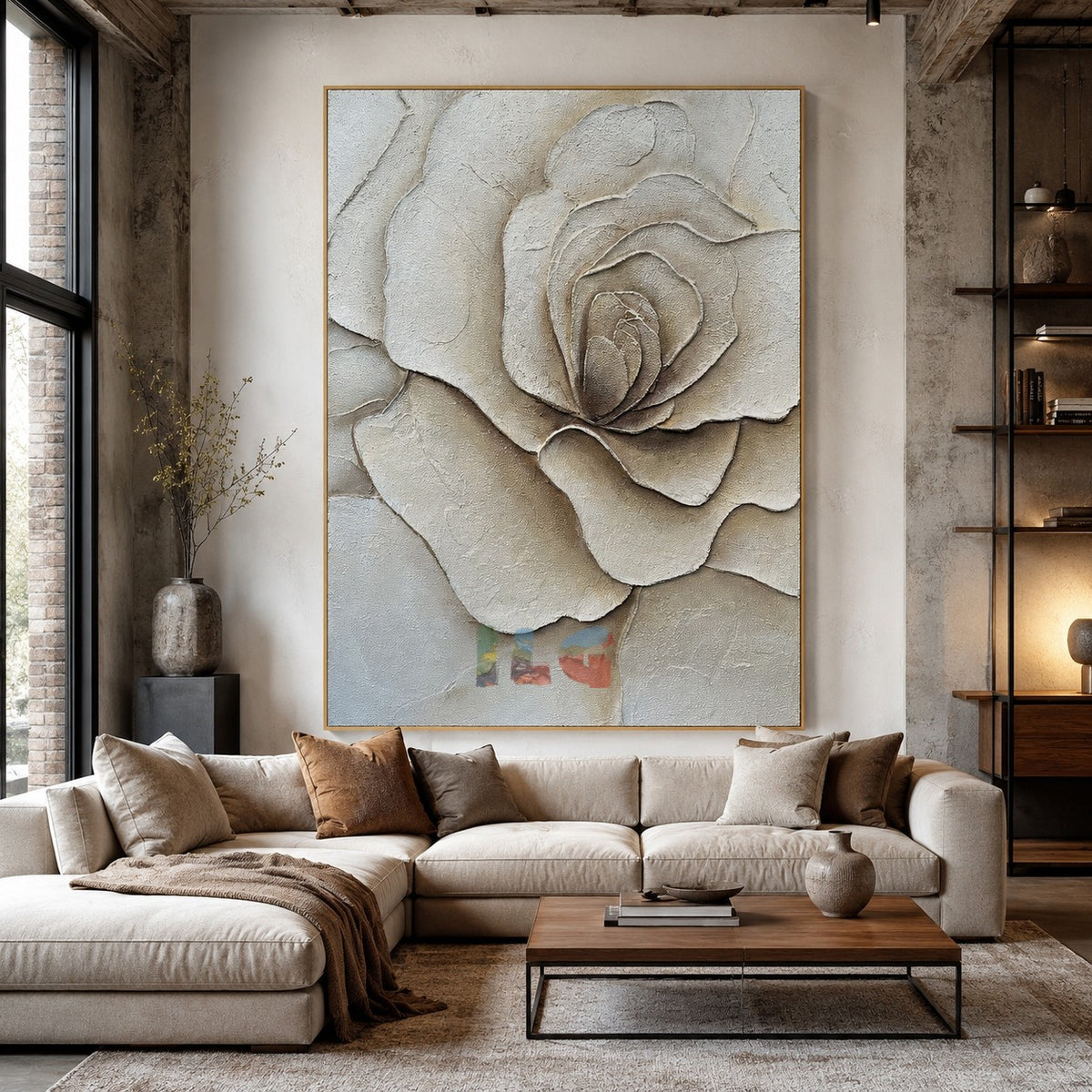 Soft Ivory – Textured Rose Wall Art, Hand-Painted Neutral Floral Canvas for Modern Home Decor