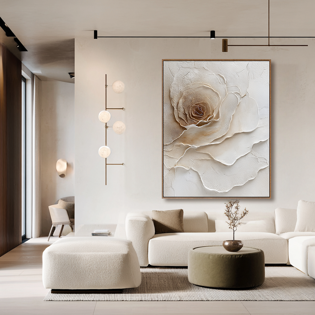 Velvet Bloom – Textured Rose Wall Art, Hand-Painted Neutral Floral Canvas for Modern Home Decor