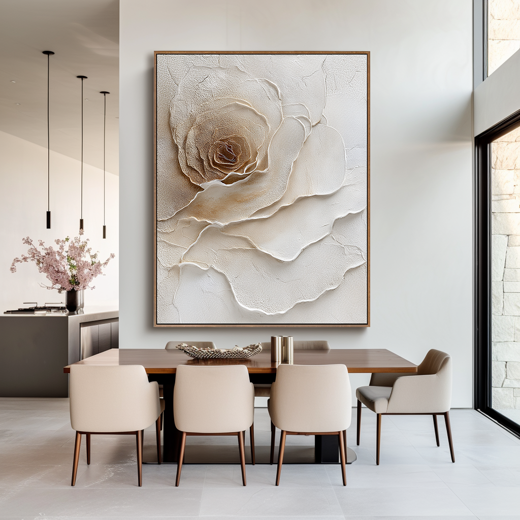 Velvet Bloom – Textured Rose Wall Art, Hand-Painted Neutral Floral Canvas for Modern Home Decor