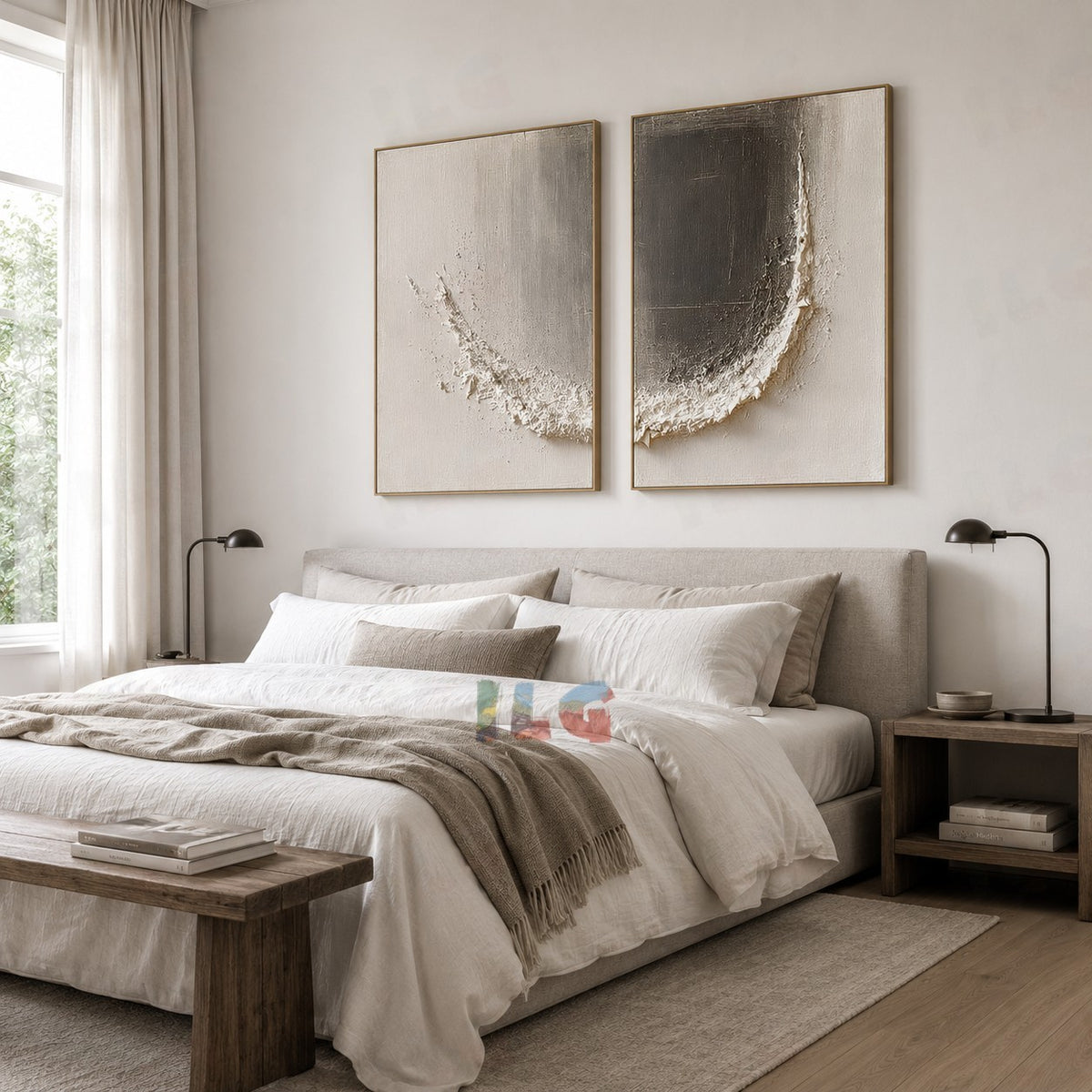 Ivory Crescent Diptych – Abstract Textured Wall Art