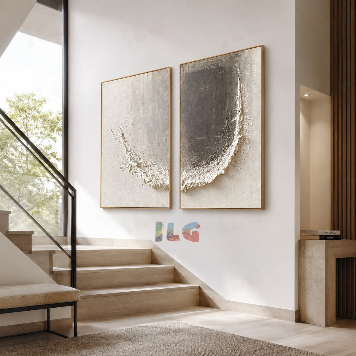 Ivory Crescent Diptych – Abstract Textured Wall Art