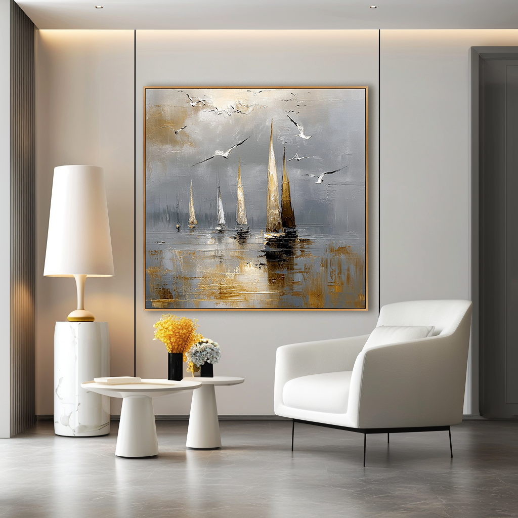Coastal Echo - Hand-Painted Sailboat Oil Painting Acoustic Panel