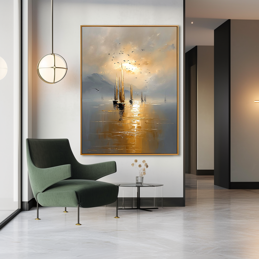 Golden Voyage Hand-Painted Sailboat Oil Painting Acoustic Panel